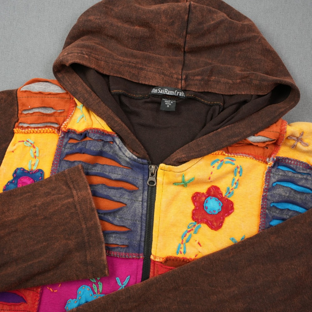 Om SaiRam Craft Flower Patchwork Embroidered Floral Hoodie Jacket Boho Size S